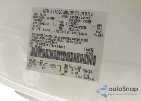 2000 Ford F-150 Lariat/Work Series/Xl/Xlt z USA, uszkodzony, nr VIN 1FTRX17L0YNA98566